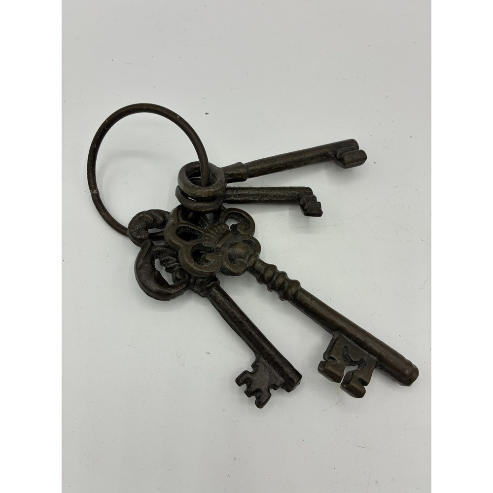 Decorative Cast Iron Skeleton Keys Set of 4 on Ring Rustic Victorian Decor